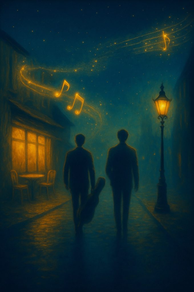 A moonlit walk on a cobbled street.