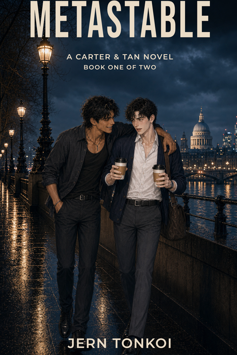 Book cover for Metastable: Book One of Two by Jern Tonkoi, showing Carter and Tan walking by the Thames at night with coffees.