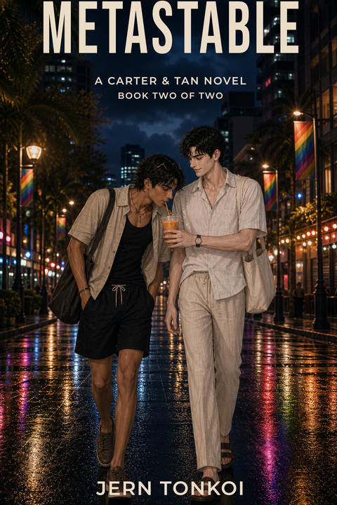 Book cover for Metastable: Book Two of Two by Jern Tonkoi, showing Carter and Tan walking through a rain-lit Bangkok street at night.