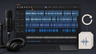 A dark audio-editing timeline with many cut waveform blocks, a circular restart icon, headphones, a microphone, and plain WAV file cards.