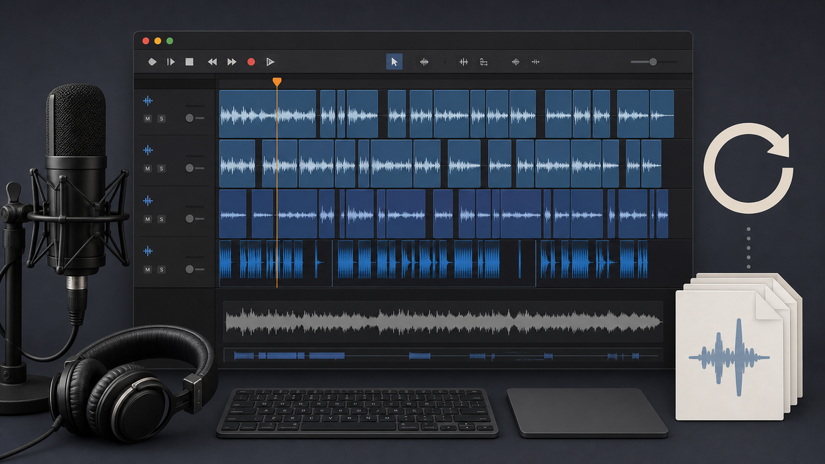 A dark audio-editing timeline with many cut waveform blocks, a circular restart icon, headphones, a microphone, and plain WAV file cards.