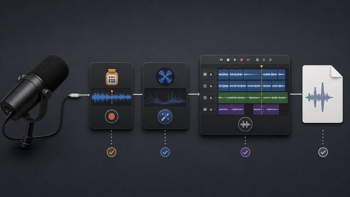 A clean audiobook workflow graphic showing a microphone, recording block, cleanup block, editing timeline, and final WAV card connected left to right.
