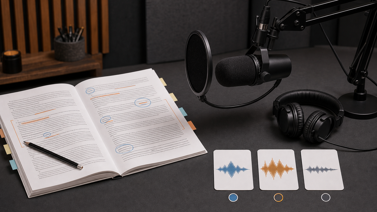 An open manuscript beside a microphone, with small waveform swatches suggesting different narrator tone choices.