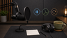 A microphone, pop filter, warm-up card, tea mug, headphones, and simple icons for pausing, breathing, and retaking a line.