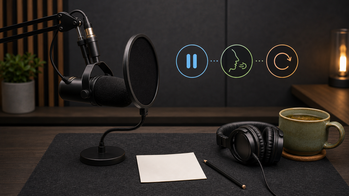 A microphone, pop filter, warm-up card, tea mug, headphones, and simple icons for pausing, breathing, and retaking a line.