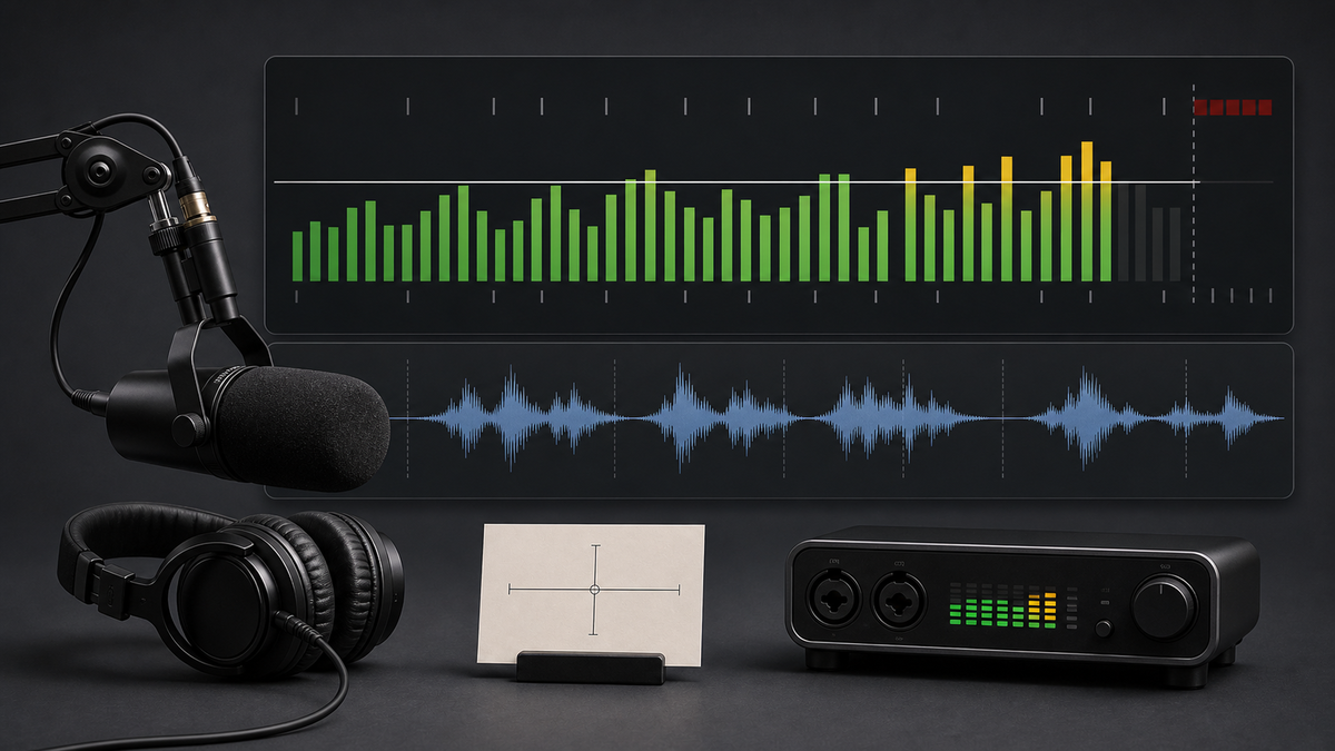 A clean recording-level display with green and yellow meter bars stopping safely below a red zone, with a microphone and waveform nearby.