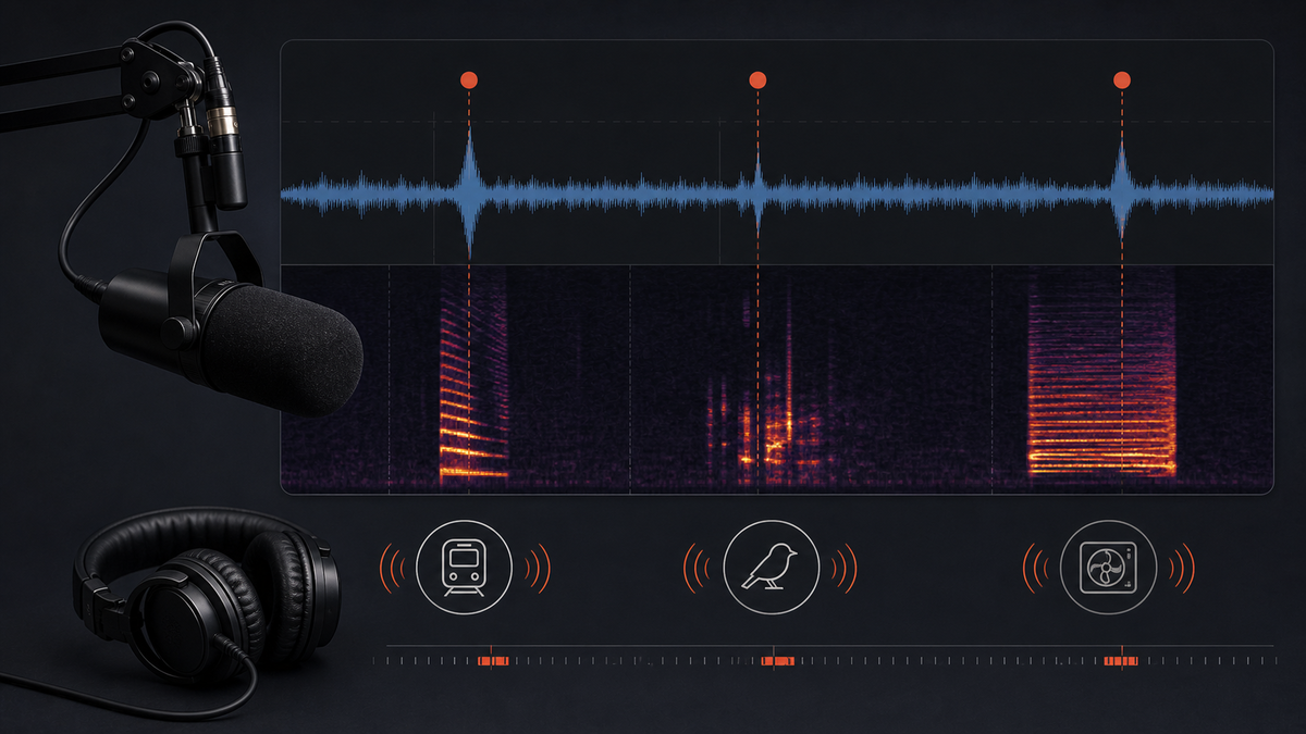 A dark waveform and spectrogram panel with highlighted intermittent noise events and small outline icons for a train, bird, and air conditioner.