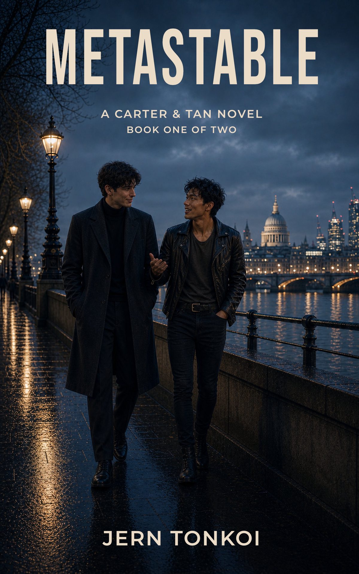 Book cover for Metastable: Book One of Two by Jern Tonkoi, showing two men walking beside a cold blue river at night.