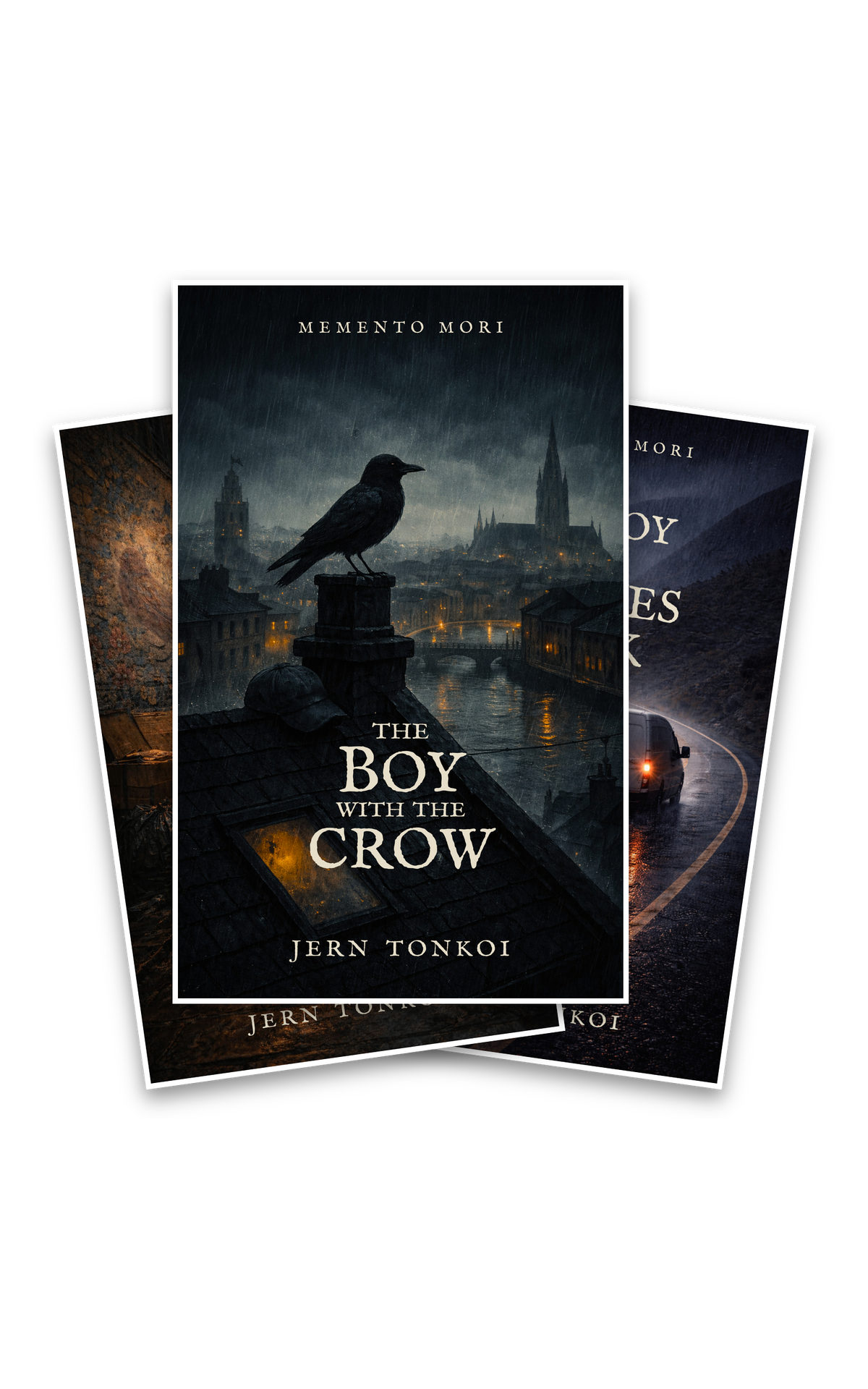 Three Memento Mori trilogy covers, with The Boy with the Crow in front.