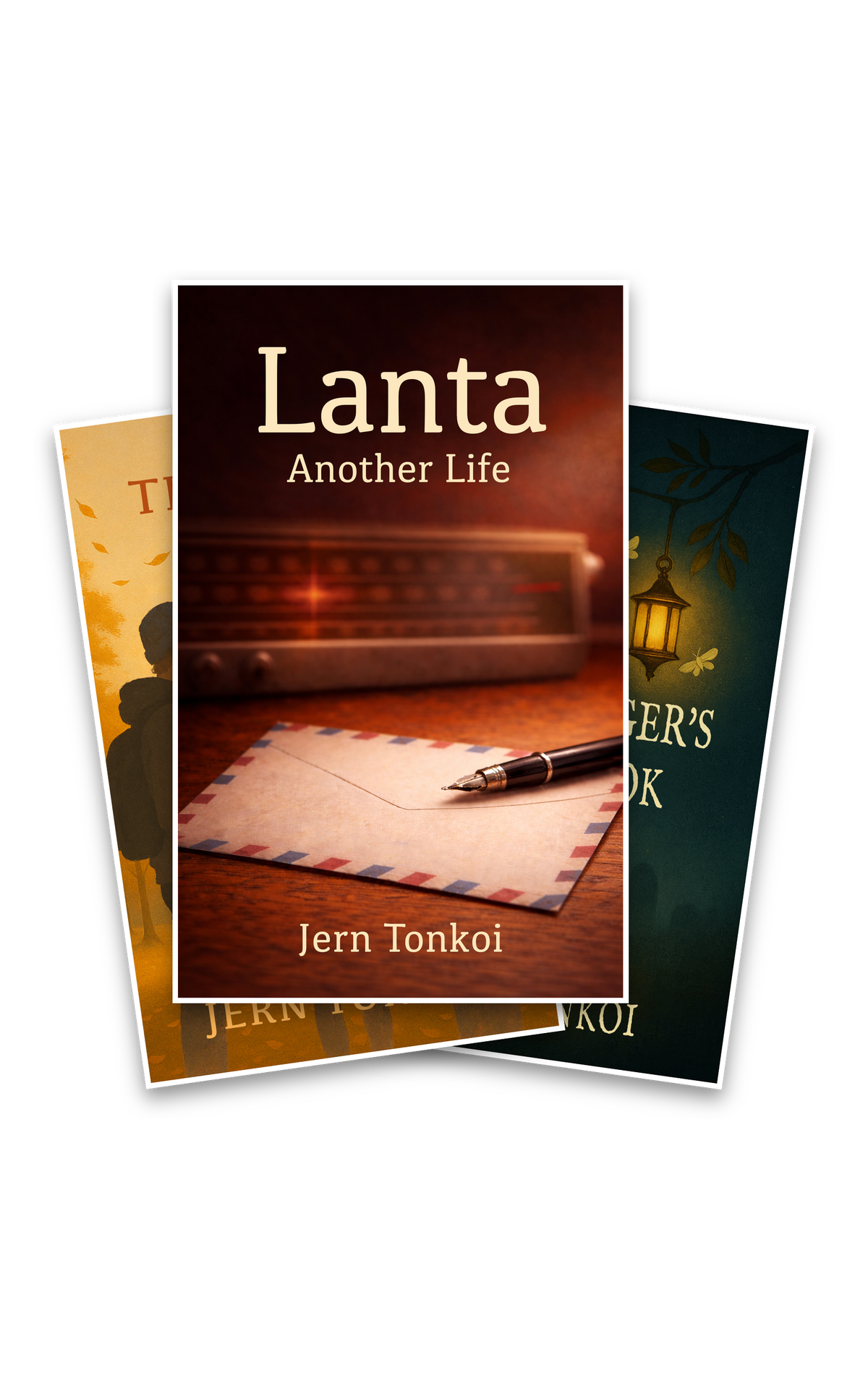 Covers for Lanta, The Three of Us, and The Gravedigger's Handbook arranged together.