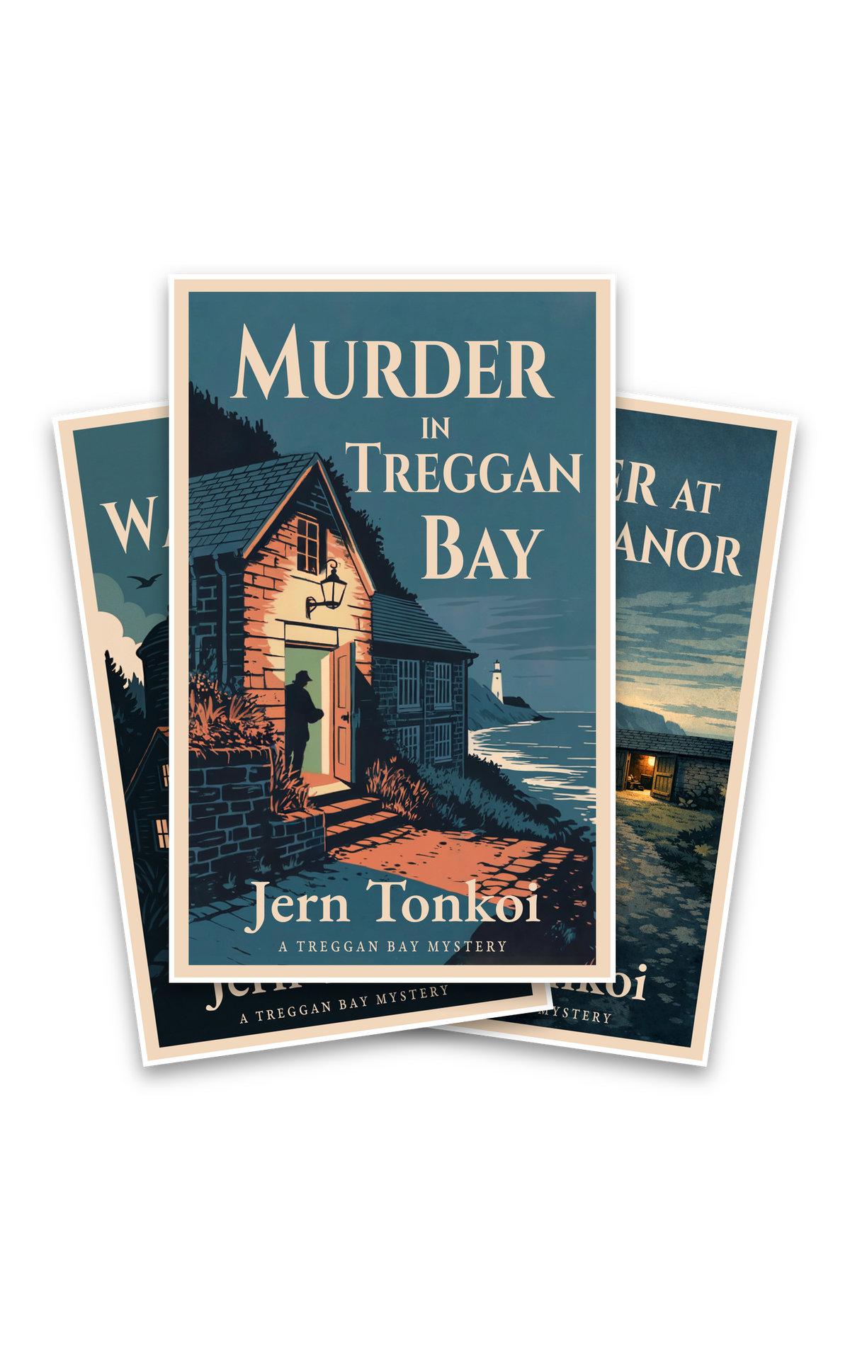 Three Treggan Bay Mysteries book covers, with Murder in Treggan Bay in front.